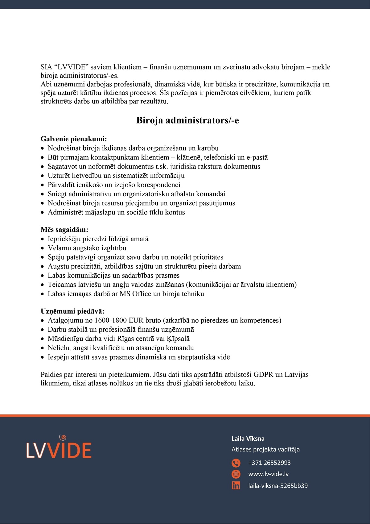 LVVIDE, SIA Biroja administrators/-e