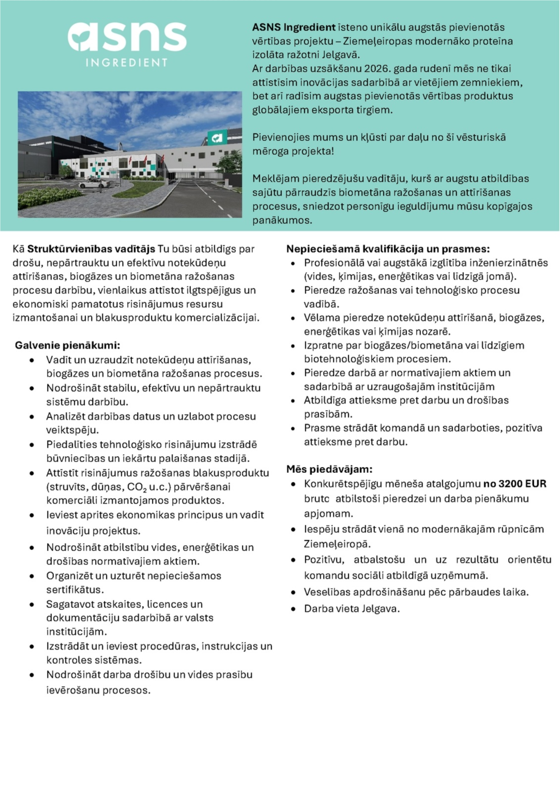 ASNS Ingredient, SIA Struktūrvienības vadītājs/-a