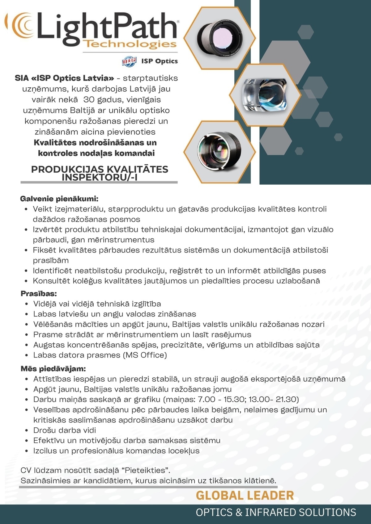 ISP Optics Latvia, SIA Produkcijas kvalitātes inspektors/-e
