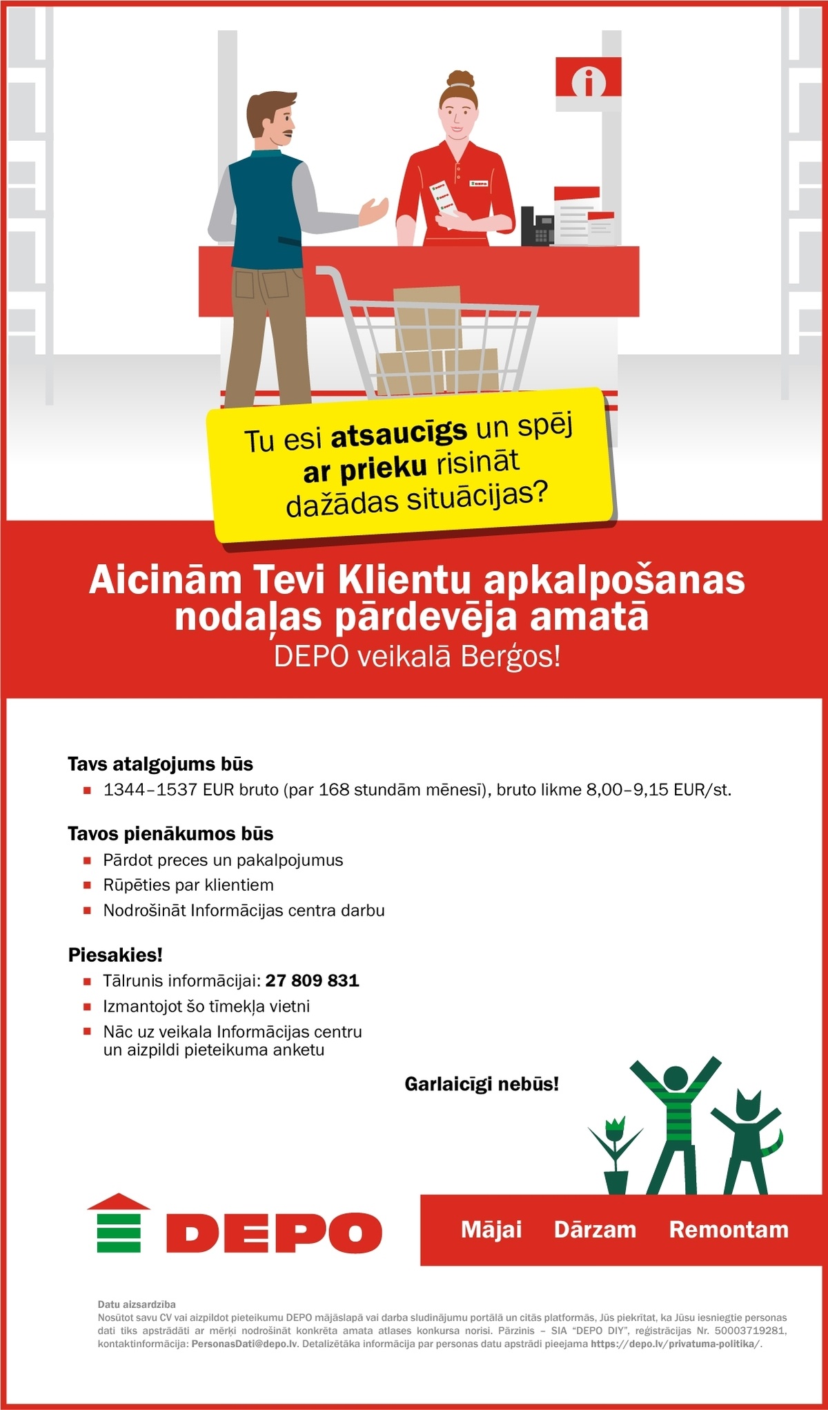 DEPO DIY, SIA Klientu apkalpošanas nodaļas pārdevējs/-a Berģos