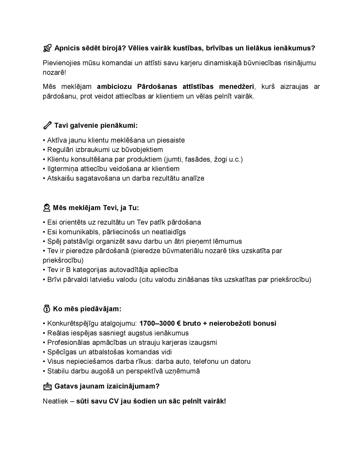 Jumta segumi, žogi, SIA Pārdošanas attīstības menedžeris/-e