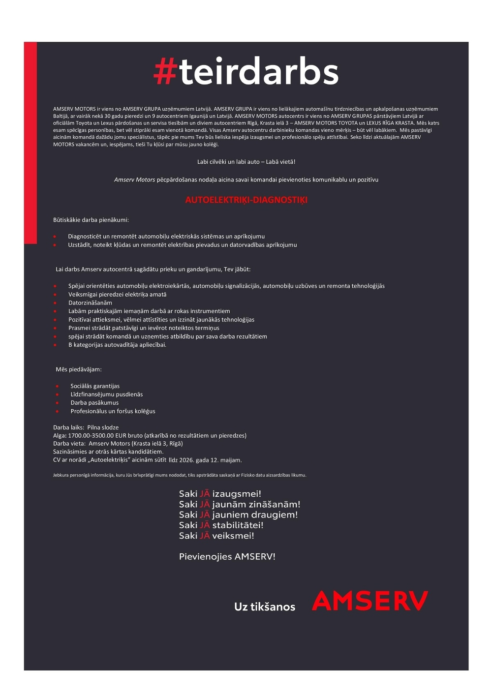 AMSERV MOTORS, SIA Autoelektriķis/-e - diagnostiķis/-e