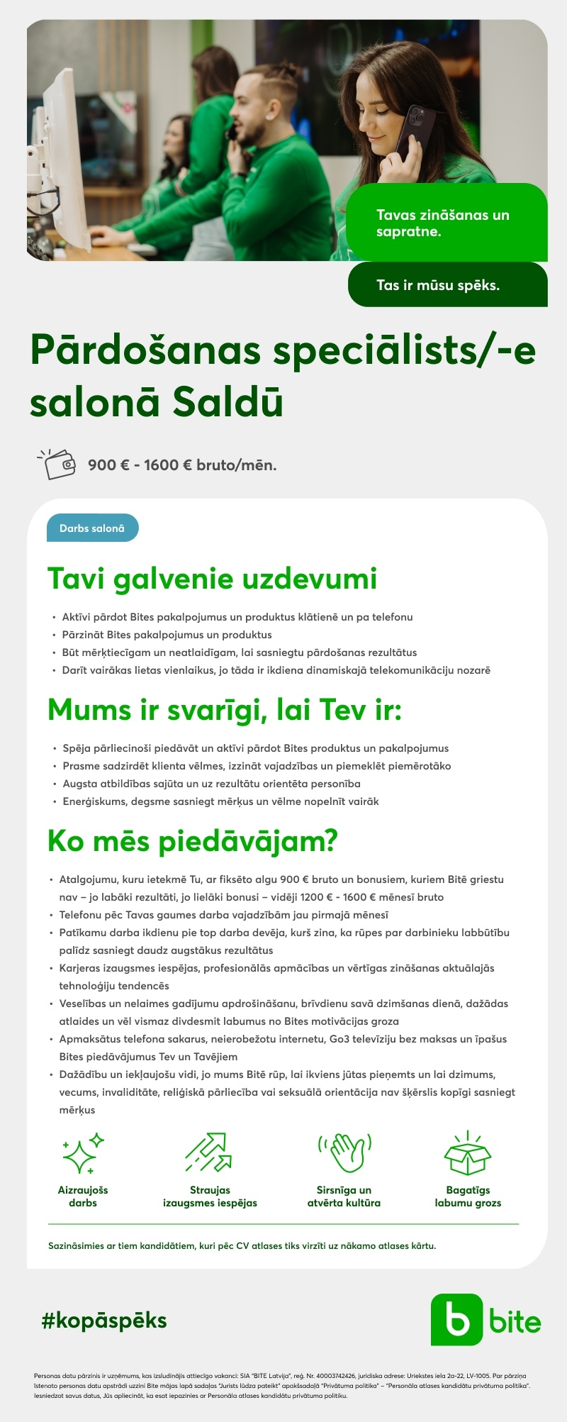 BITE Latvija, SIA Pārdošanas speciālists/-e salonā Saldū