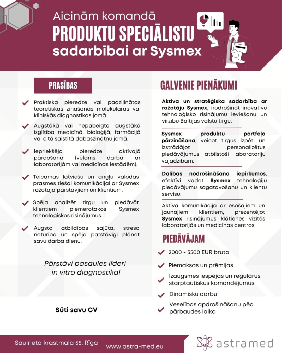 AstraMed, SIA Produktu speciālists/-e sadarbībai ar Sysmex