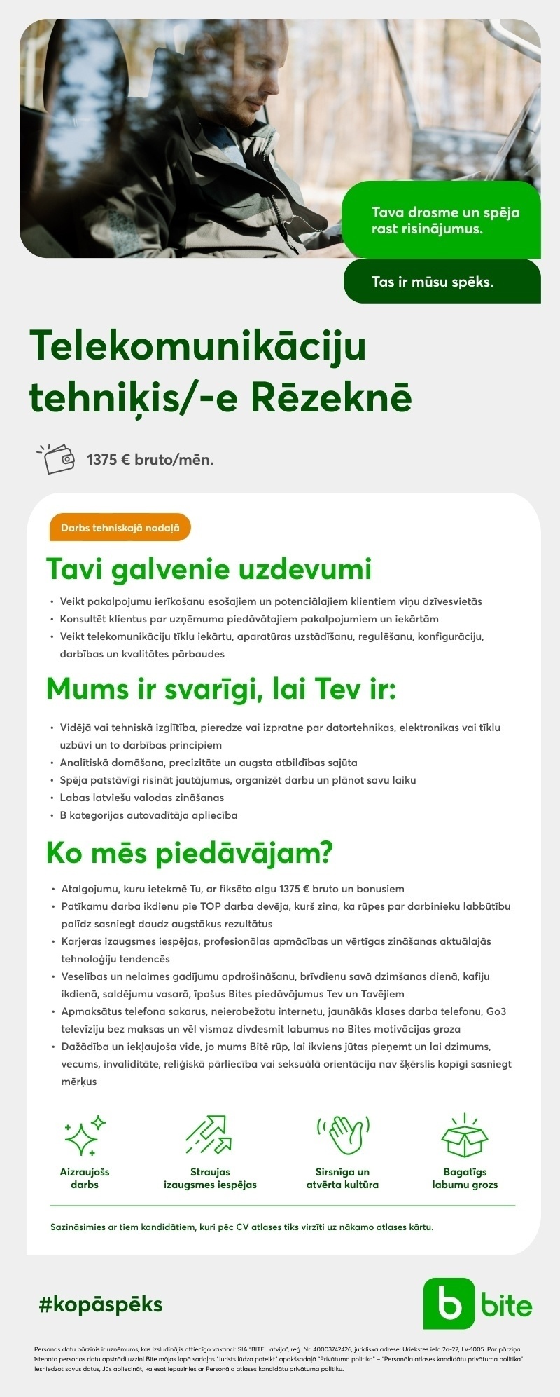 BITE Latvija, SIA Telekomunikāciju tehniķis/-e Rēzeknē
