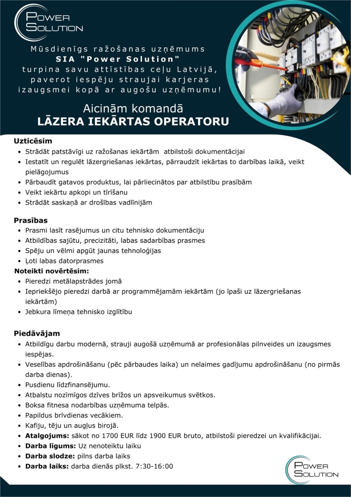 Power Solution, SIA Lāzera Iekārtas operators/-e