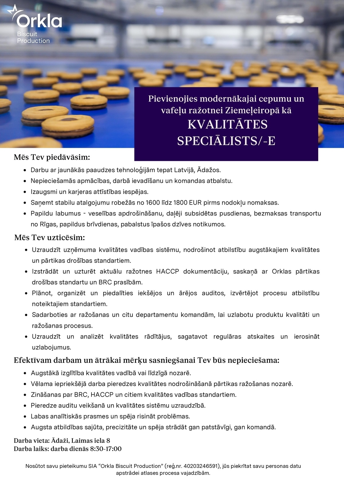 Orkla Biscuit Production, SIA Kvalitātes speciālists/-e