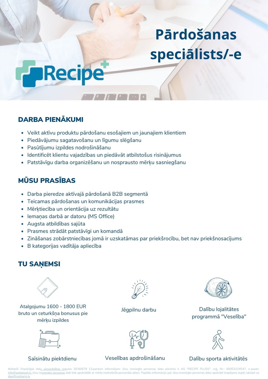 Recipe Plus, AS Pārdošanas speciālists/-e