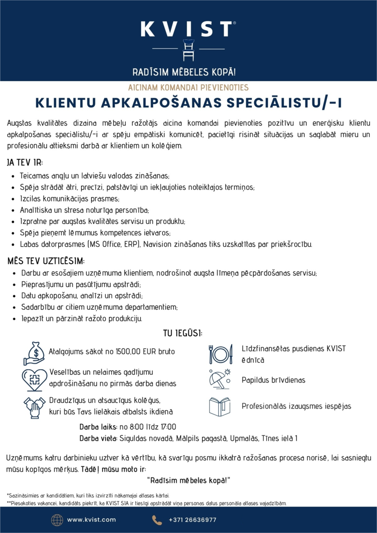 KVIST, SIA Klientu apkalpošanas speciālists/-e