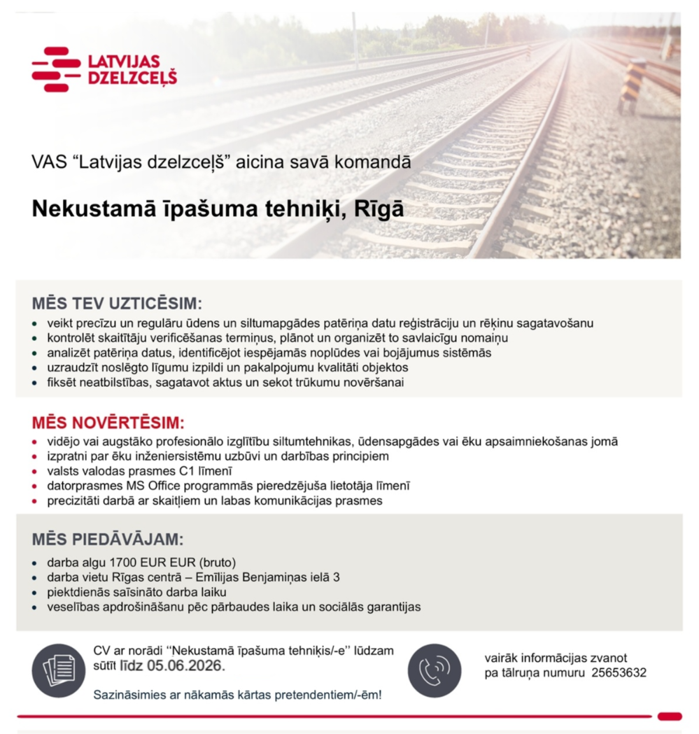 Latvijas dzelzceļš, VAS Nekustamā īpašuma tehniķis/-e