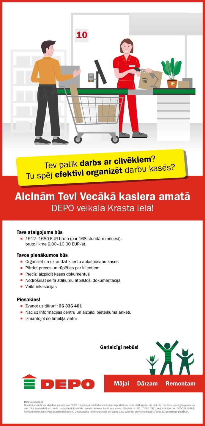 DEPO DIY, SIA Vecākais/-ā kasieris/-e Krasta ielā