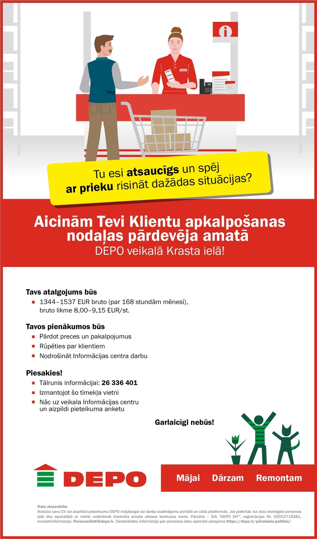 DEPO DIY, SIA Klientu apkalpošanas nodaļas pārdevējs/-a Krasta ielā