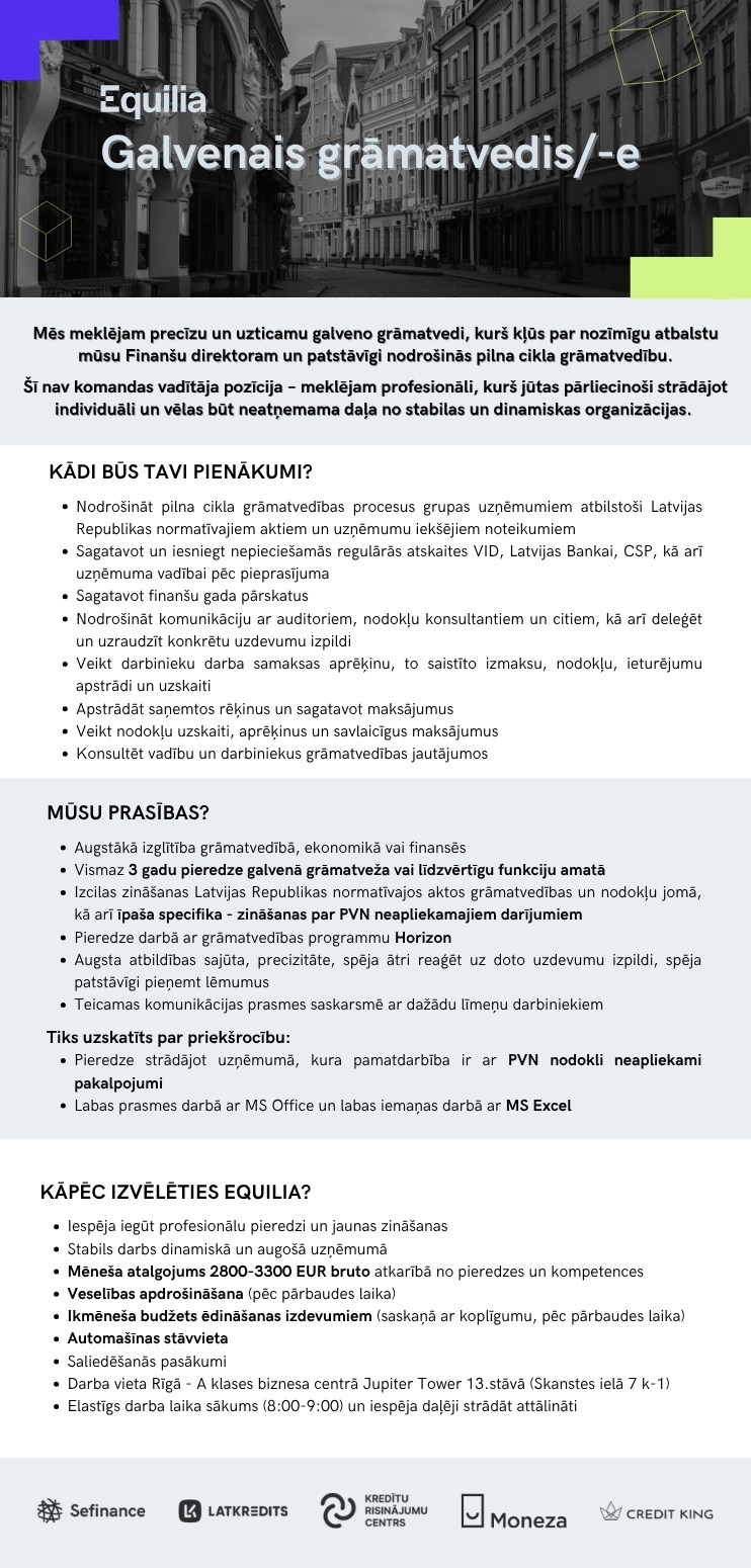 Equilia, SIA Galvenais/-ā grāmatvedis/-e | Vecākais/-ā grāmatvedis/-e
