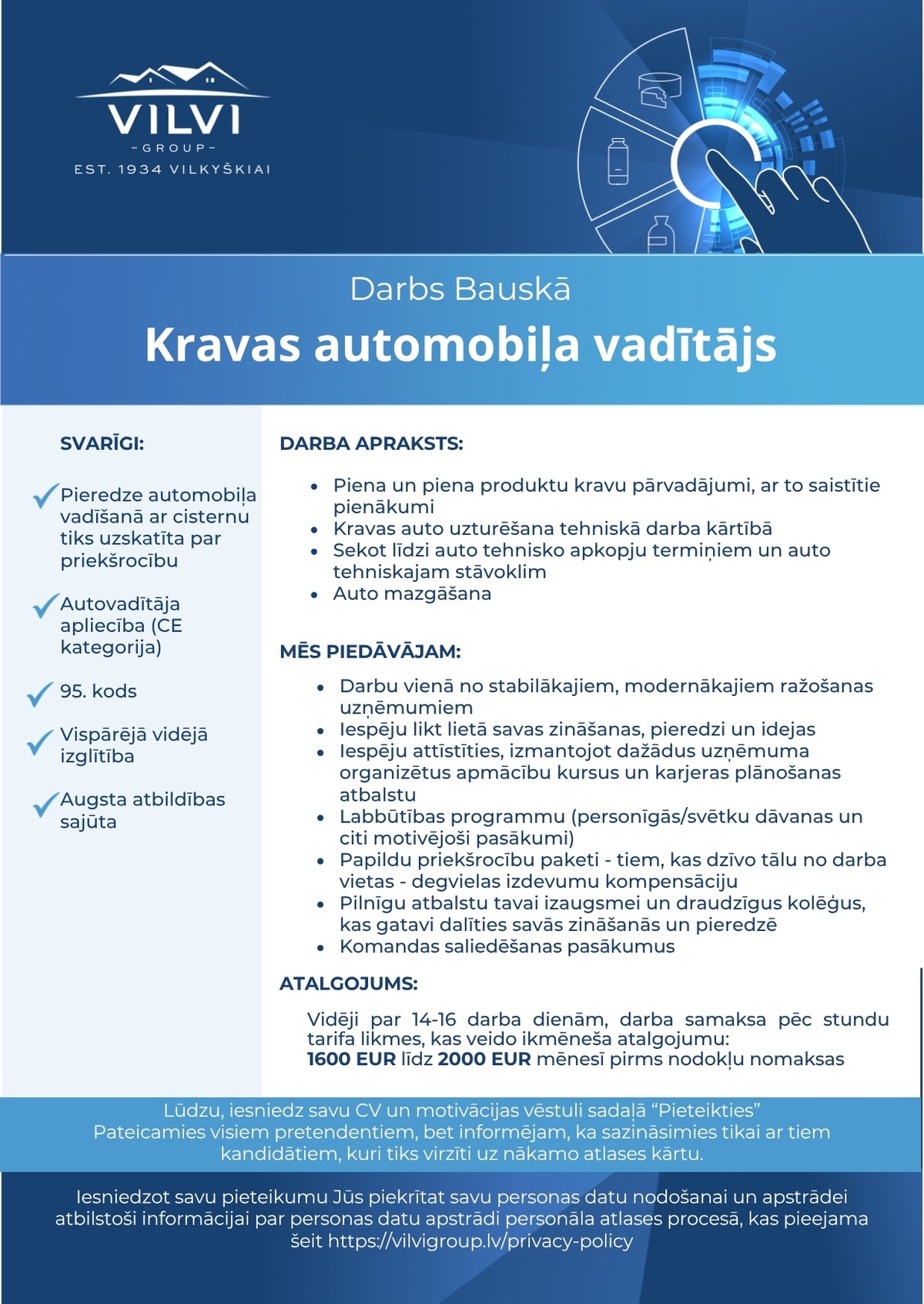 Baltic Dairy Board, SIA Kravas automobiļa vadītājs/-a