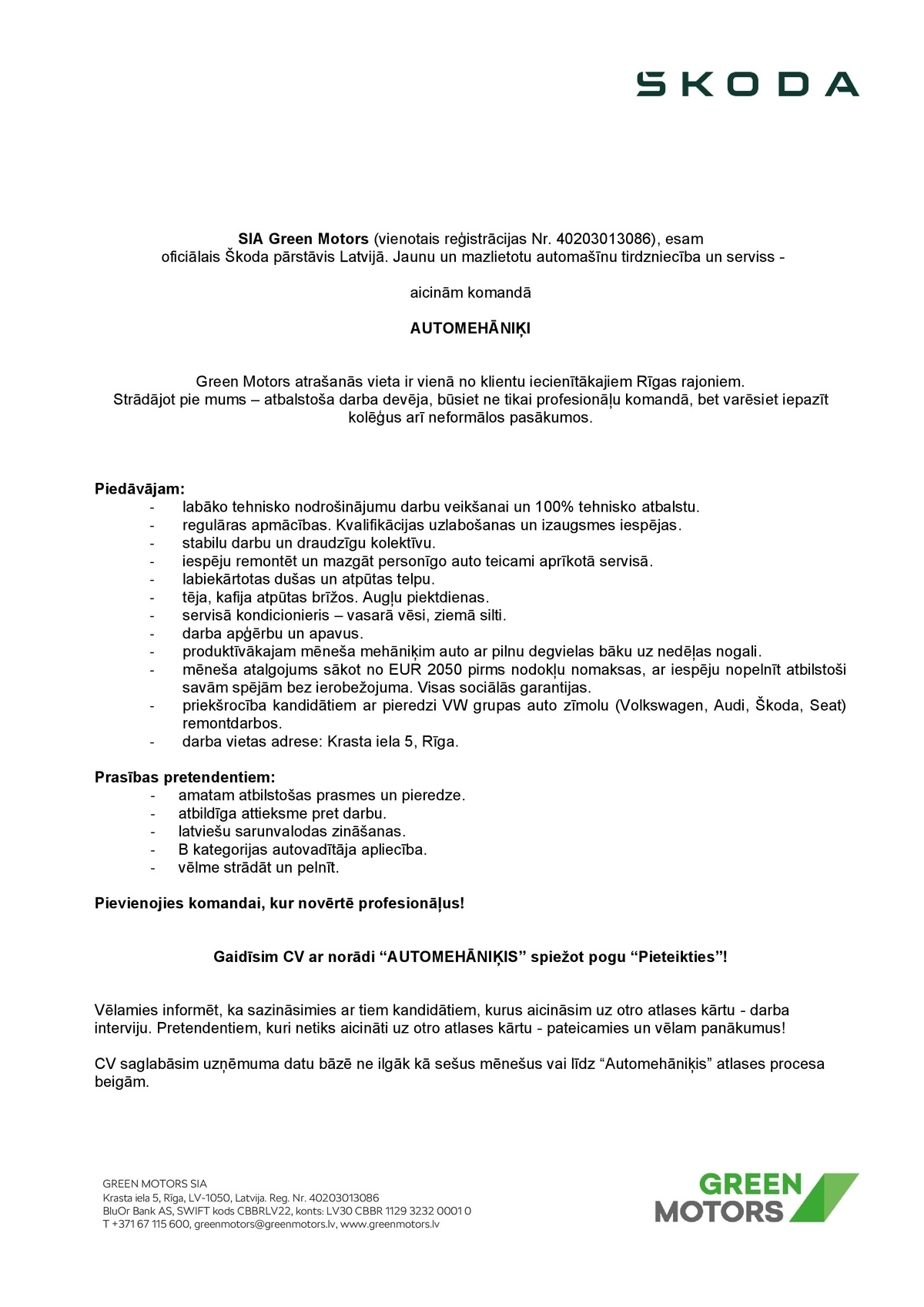 Green Motors, SIA Automehāniķis/-e