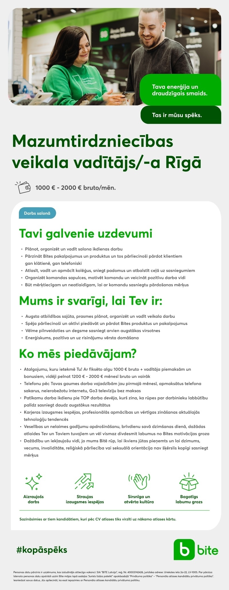 Bite Latvija, SIA Mazumtirdzniecības veikala vadītājs/-a Rīgā