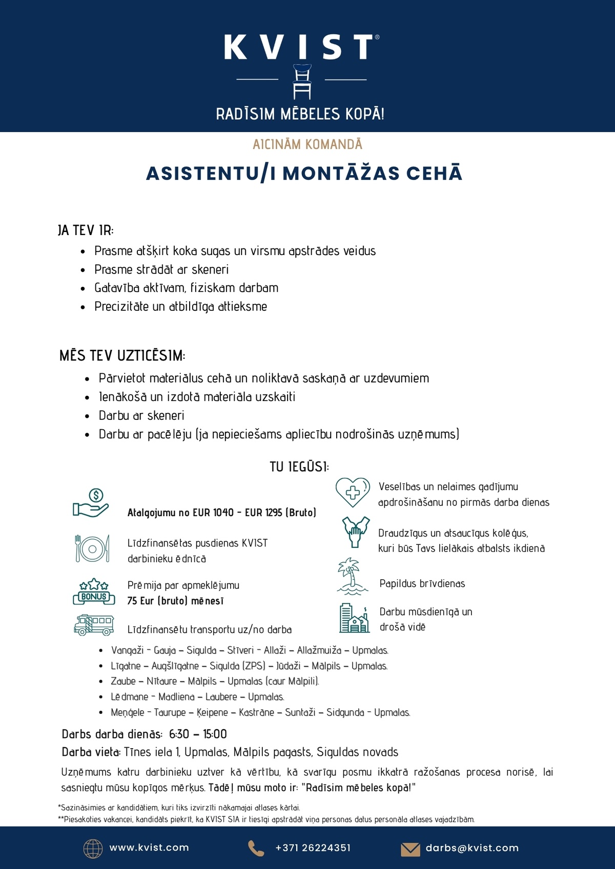 KVIST, SIA Asistents/-e montāžas cehā