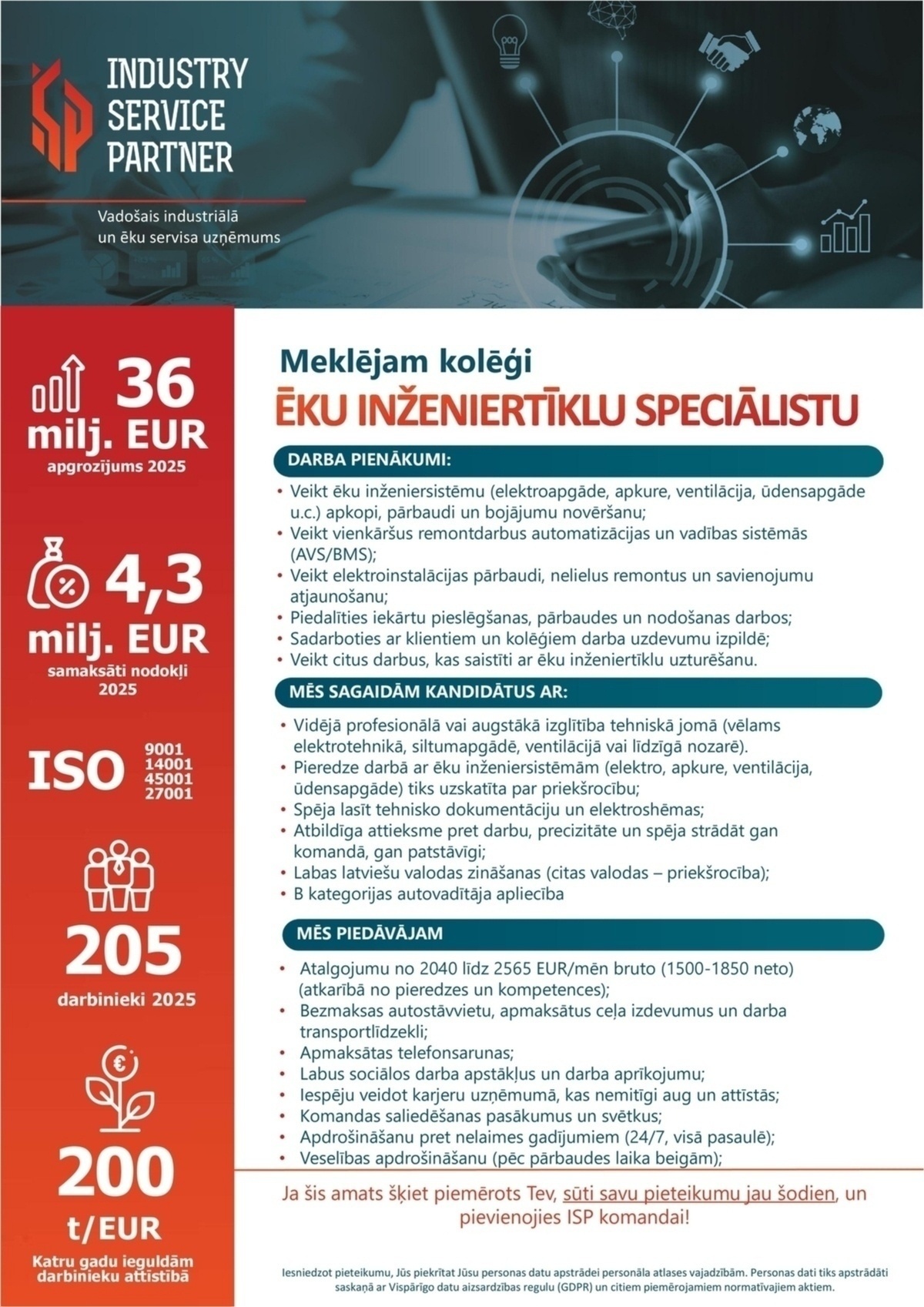 Industry Service Partner, SIA Ēku inženiertīklu speciālists/-e