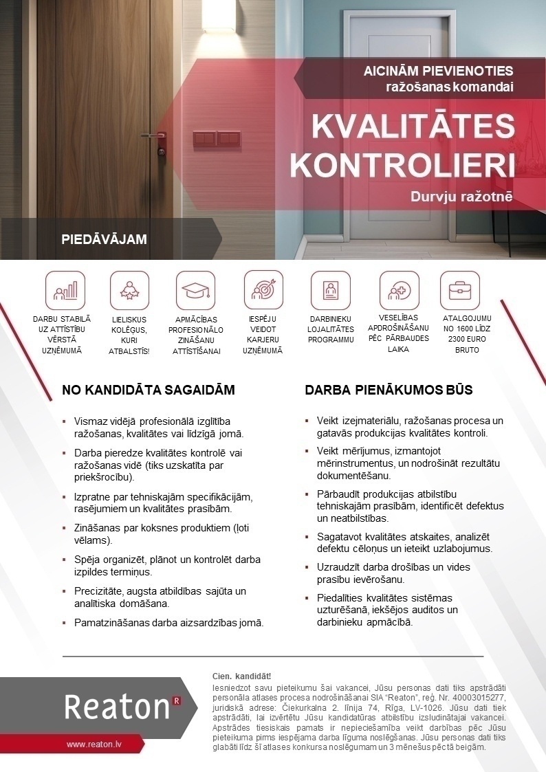 REATON, SIA Kvalitātes kontrolieris/-e