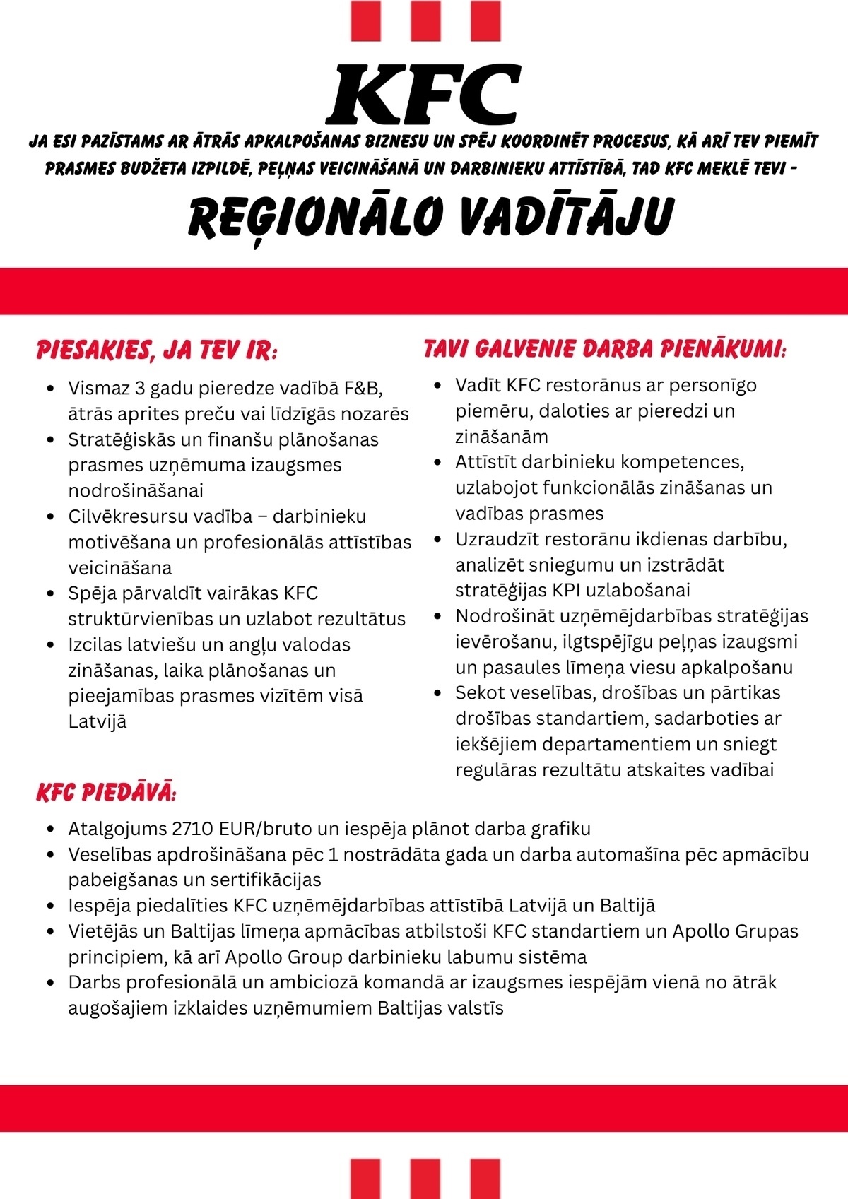 APL Fresh Food SIA Reģionālais/-ā vadītājs/-a "KFC" restorāniem