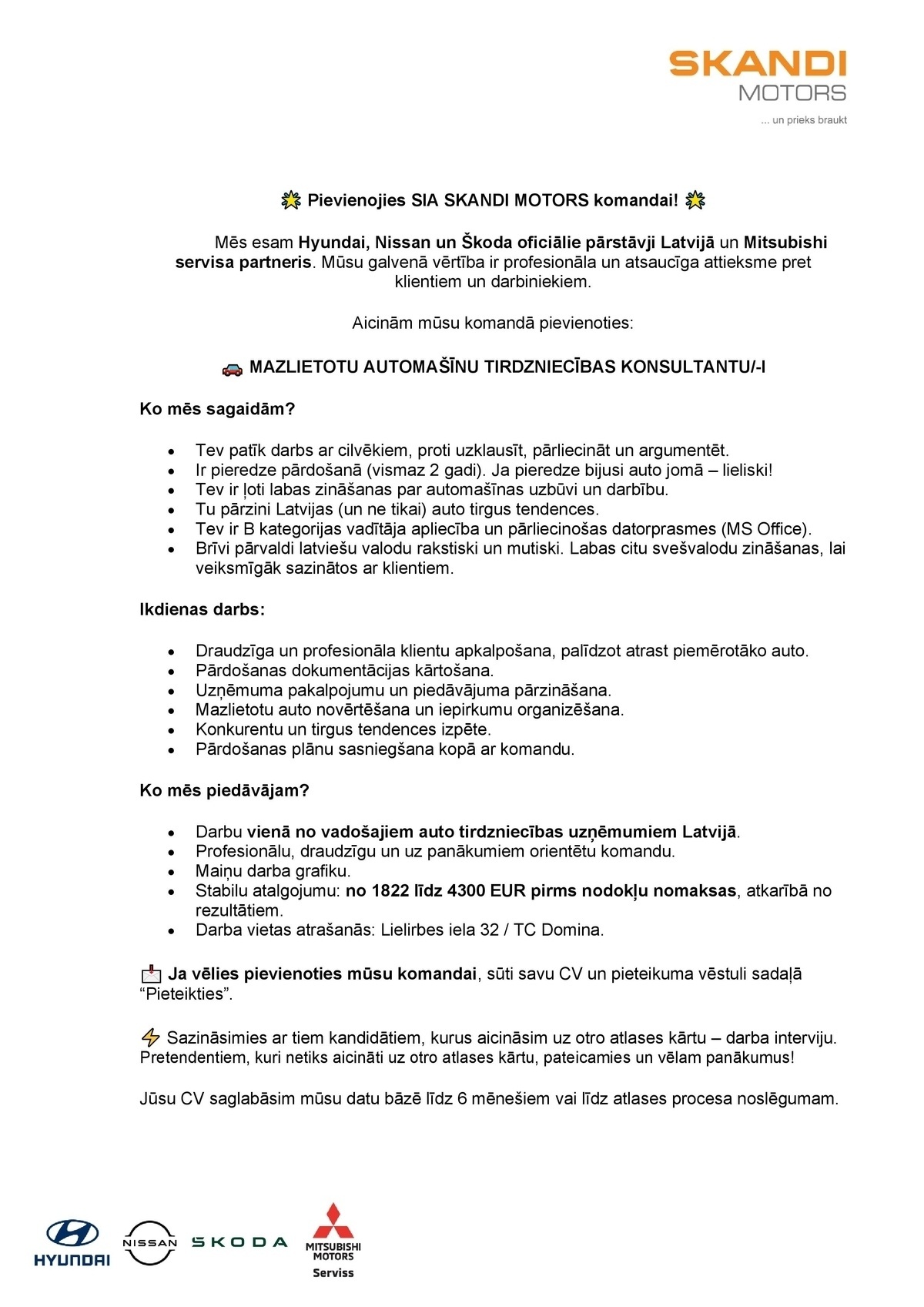 SKANDI MOTORS, SIA Mazlietotu automašīnu tirdzniecības konsultants/-e