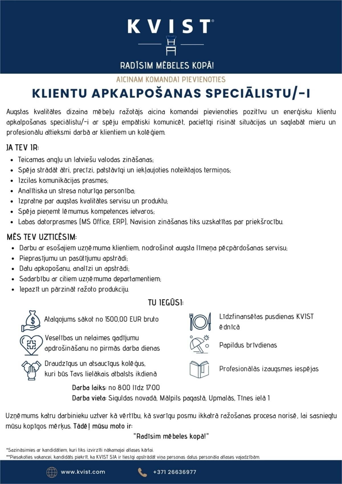 KVIST, SIA Klientu apkalpošanas speciālists/-e