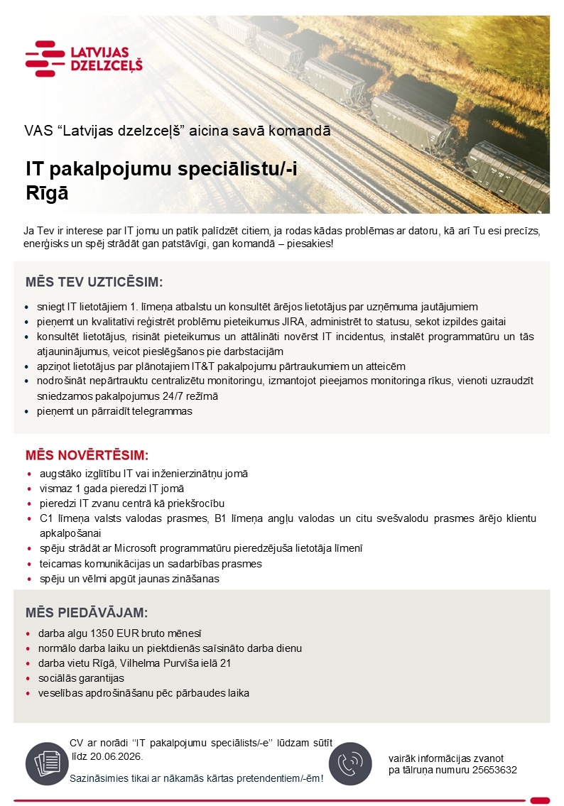 Latvijas dzelzceļš, VAS IT pakalpojumu speciālists/-e