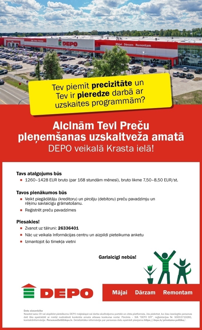 DEPO DIY, SIA Preču pieņemšanas uzskaitvedis/-e Krasta ielā