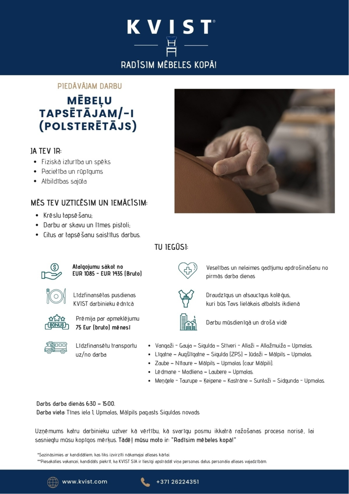 KVIST, SIA Mēbeļu tapsētājs/-a (polsterētājs/-a)