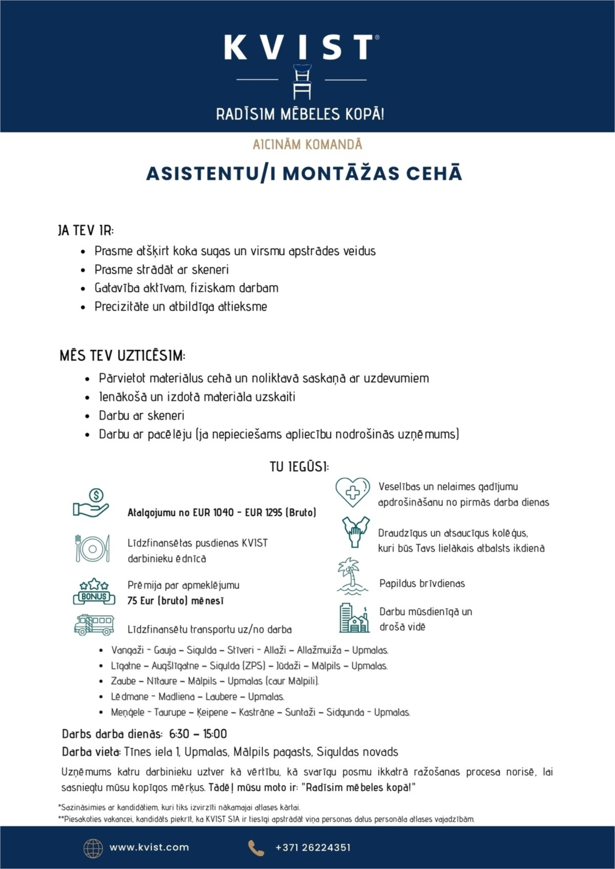 KVIST, SIA Asistents/-e montāžas cehā