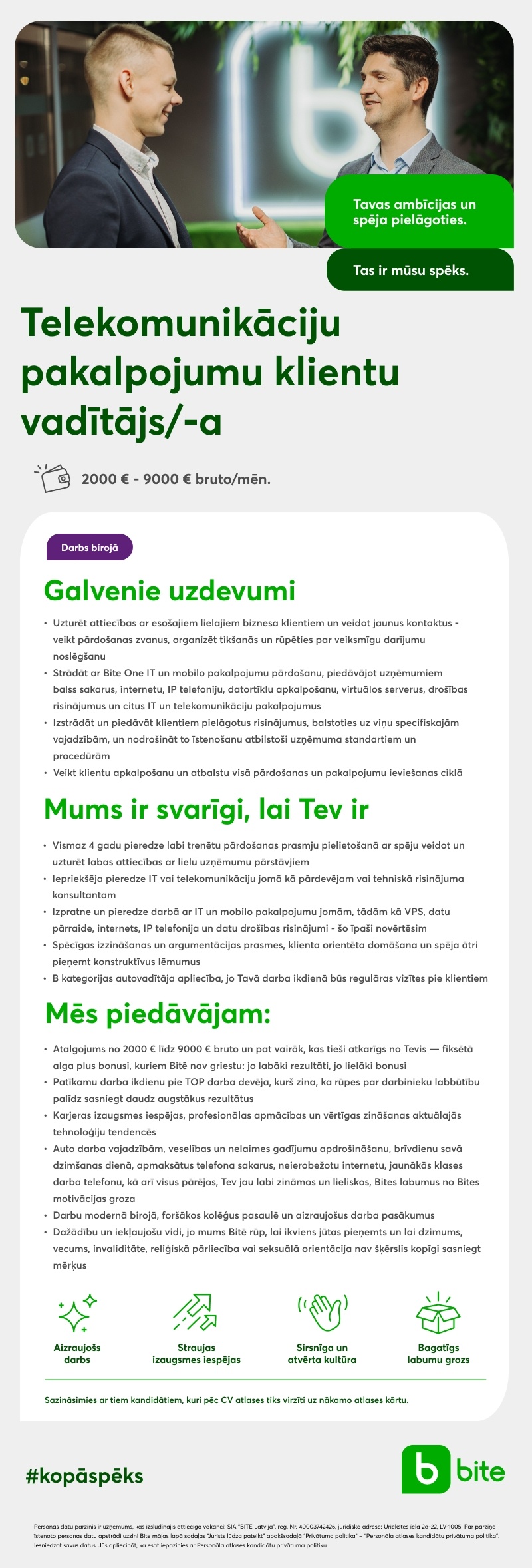 BITE Latvija, SIA Telekomunikāciju pakalpojumu klientu vadītājs/-a