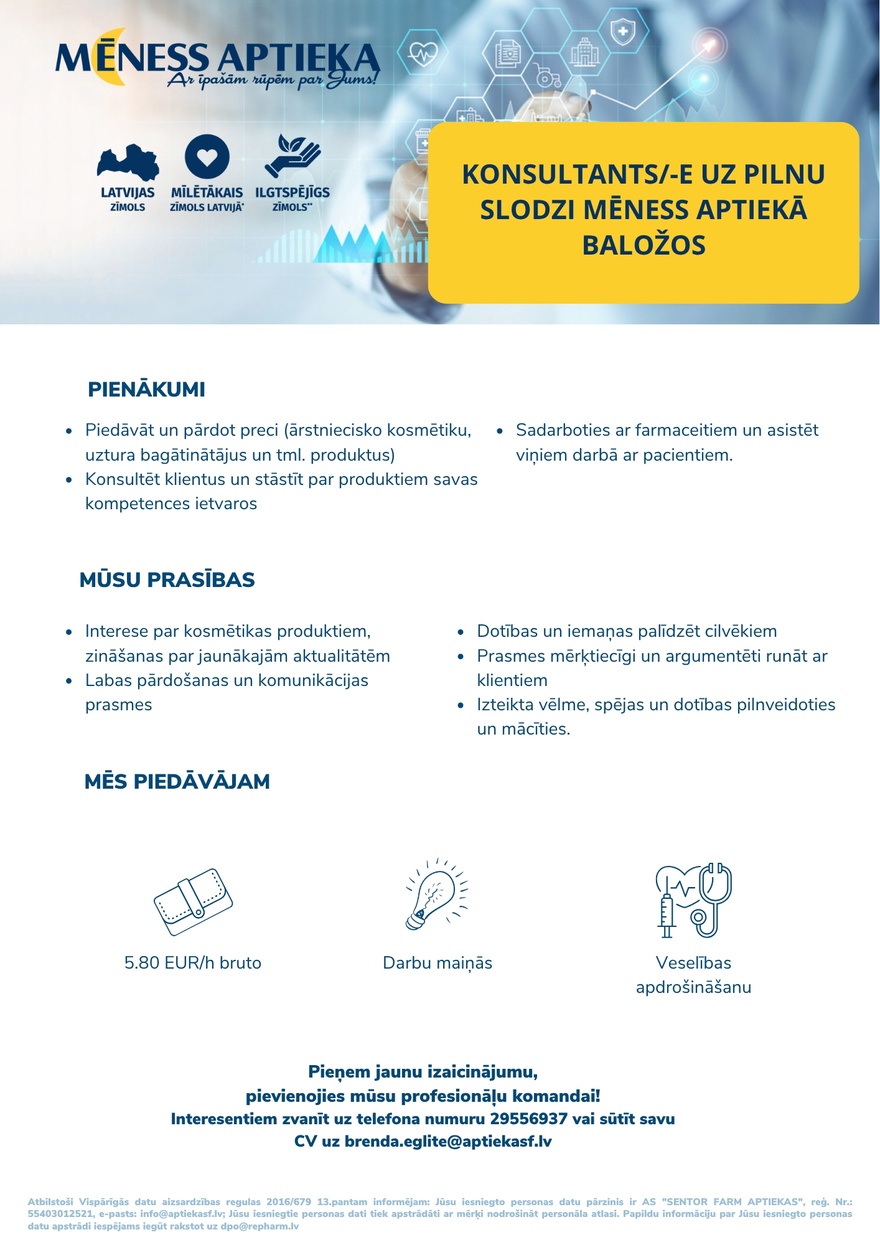 SENTOR FARM APTIEKAS, AS Konsultants/-e Baložos