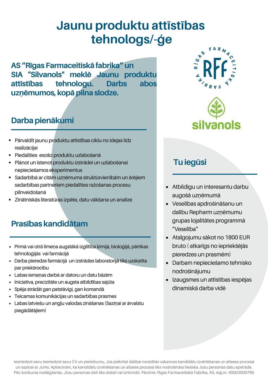 AS Rīgas Farmaceitiskā fabrika Jauno produktu attīstības tehnologs/-ģe