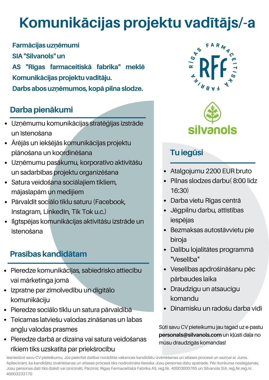 SIA "Silvanols" Komunikācijas projektu vadītājs/-a