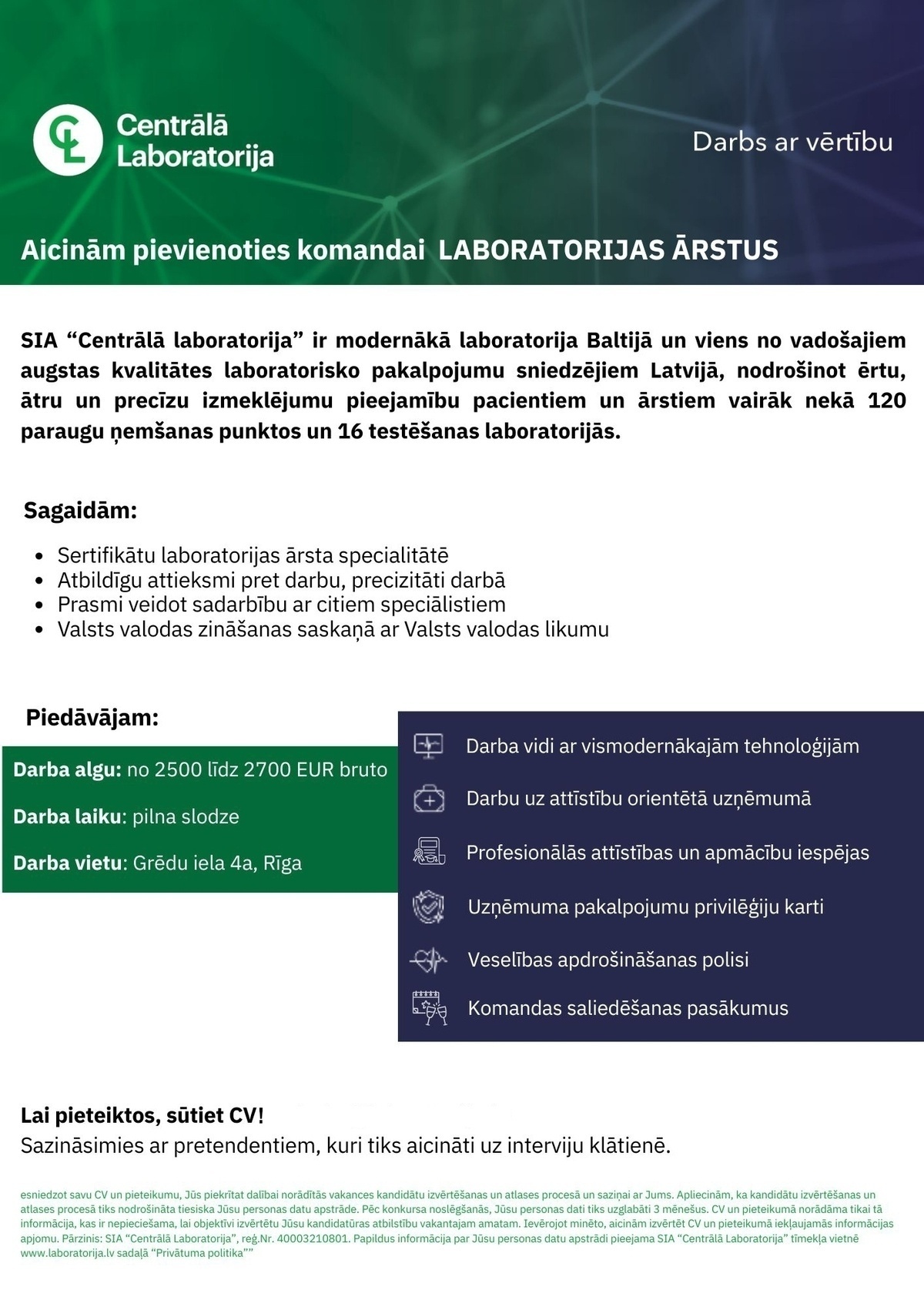 CENTRĀLĀ LABORATORIJA, SIA Laboratorijas ārsts/-e