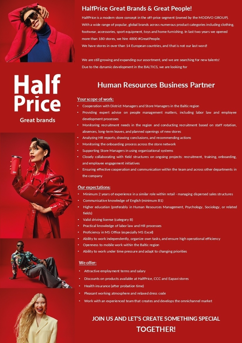 Modivo Latvia, SIA HR Business Partner (f/m) for HalfPrice BALTICS