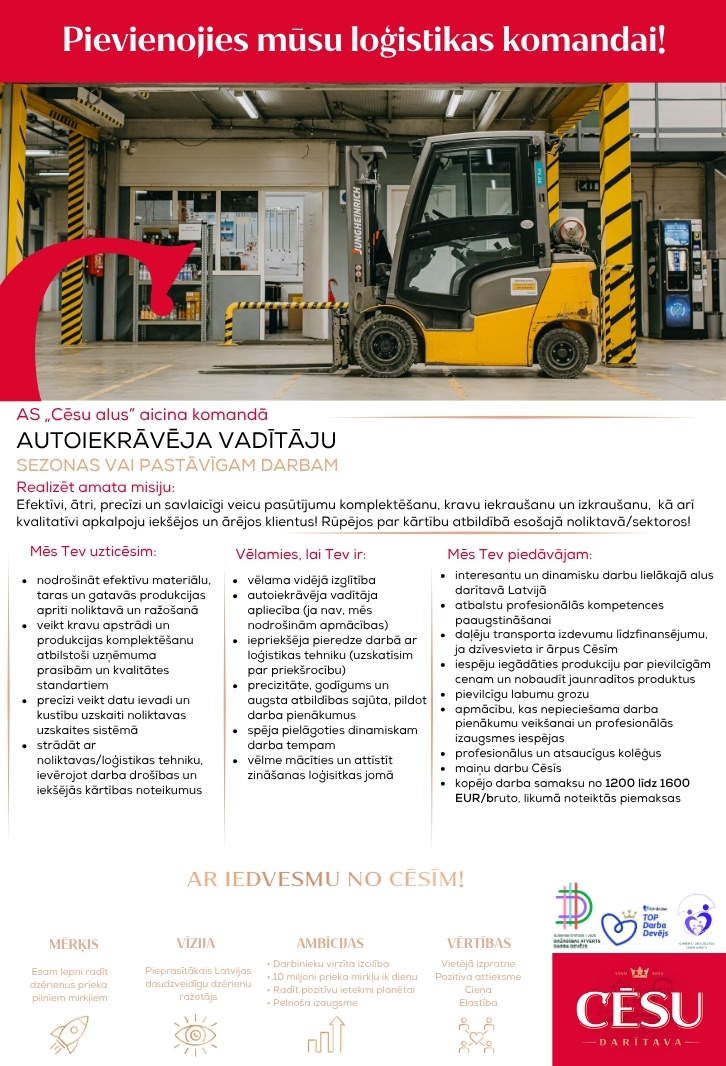 Cēsu alus, AS Autoiekrāvēja vadītājs/-a (sezonas) vai pastāvīgam darbam