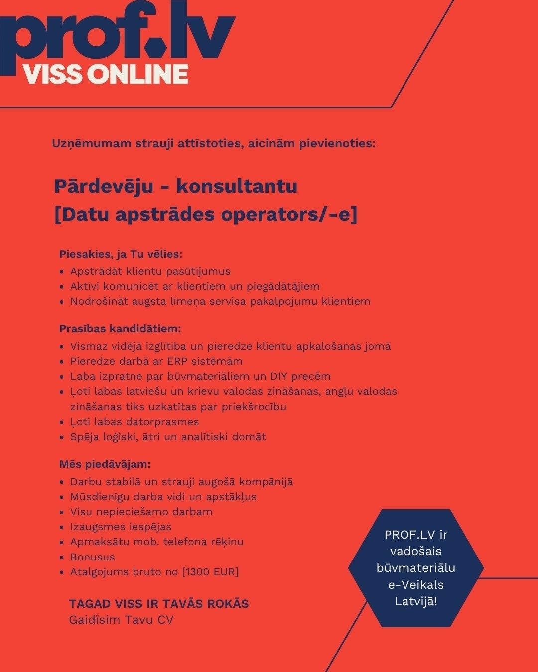 prof.lv Pārdevējs/-e - konsultants/-e (Datu apstrādes operators/-e)