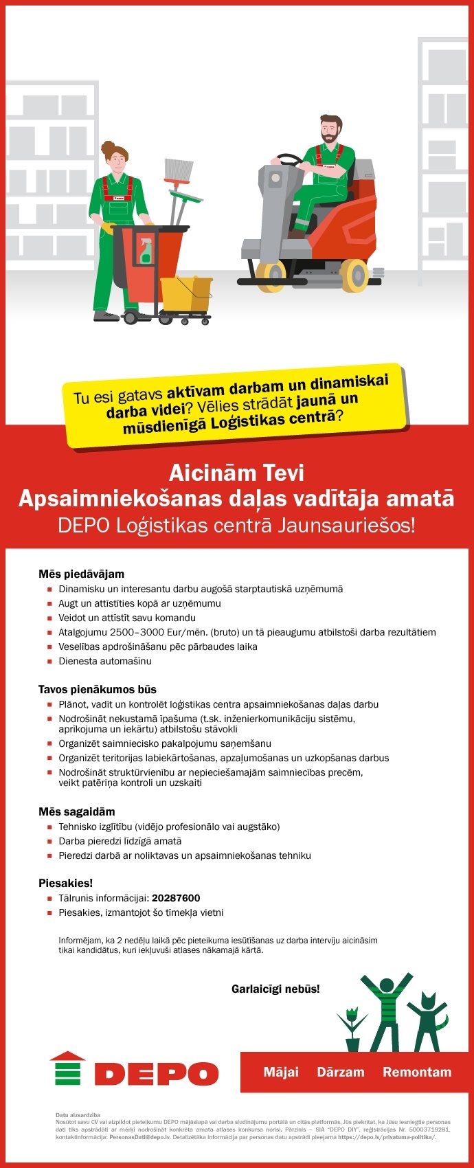 DEPO DIY, SIA Apsaimniekošanas daļas vadītājs/-a Loģistikas centrā Jaunsauriešos