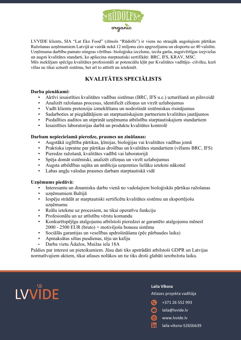 LVVIDE, SIA Kvalitātes speciālists/-e (Ādaži)