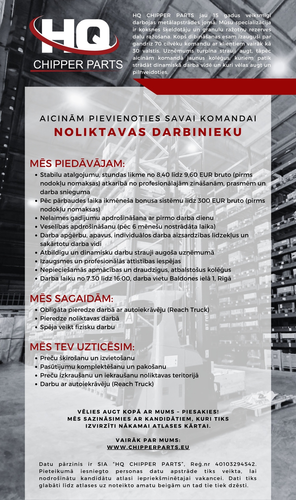 HQ CHIPPER PARTS, SIA Noliktavas darbinieks/-ce