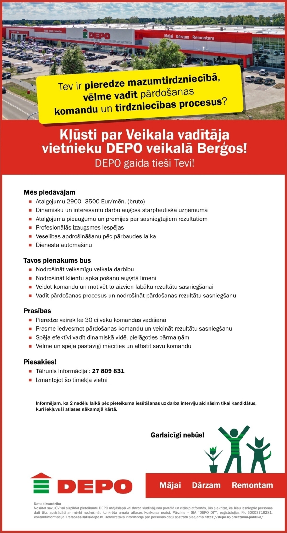 DEPO DIY, SIA Veikala vadītāja vietnieks/-ce Berģos