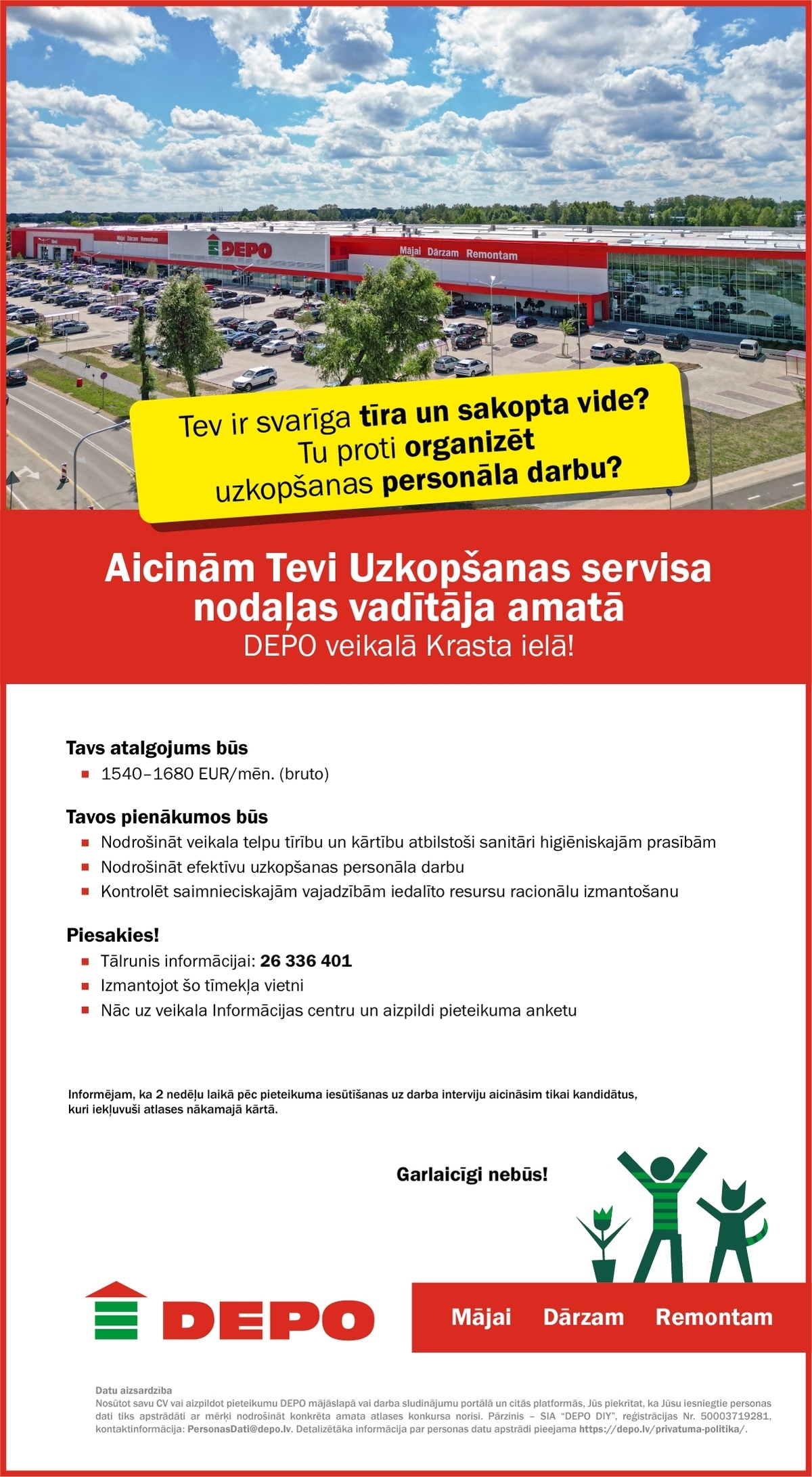 DEPO DIY, SIA Uzkopšanas servisa nodaļas vadītājs/-a Krasta ielā
