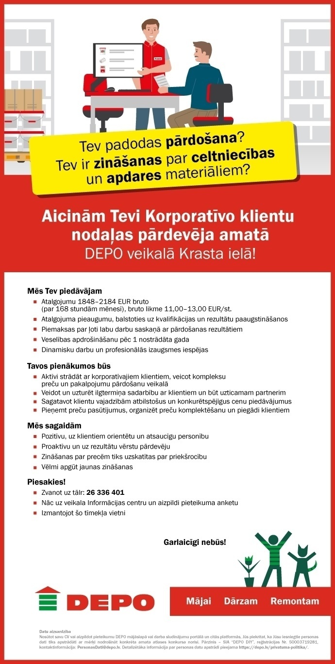 DEPO DIY, SIA Korporatīvo klientu apkalpošanas nodaļas pārdevējs/-a Krasta ielā