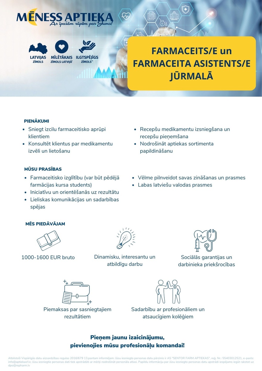 SENTOR FARM APTIEKAS, AS Farmaceits/-e un Farmaceita asistents/-e Jūrmala