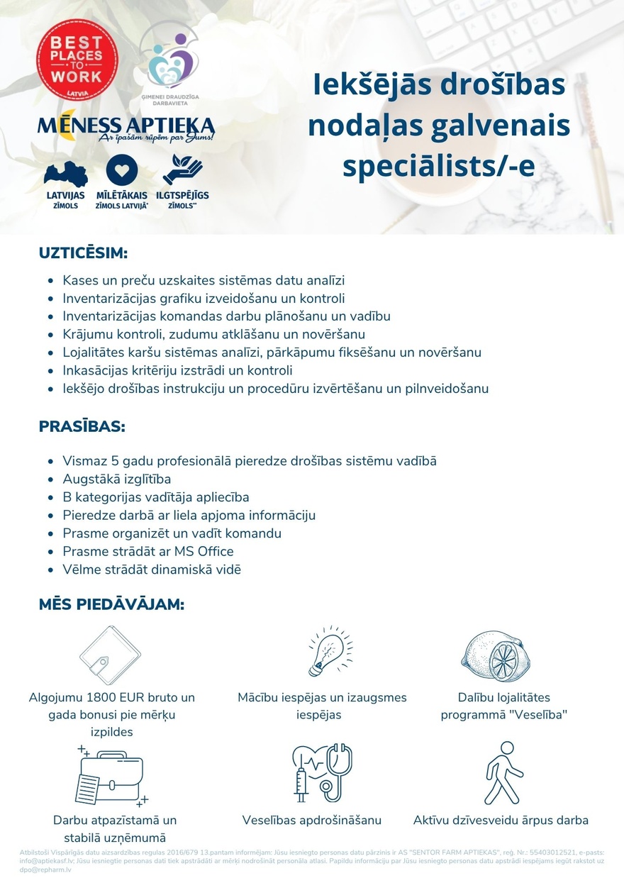 AS "Sentor Farm Aptiekas" Iekšējās drošības nodaļas galvenais speciālists/-e
