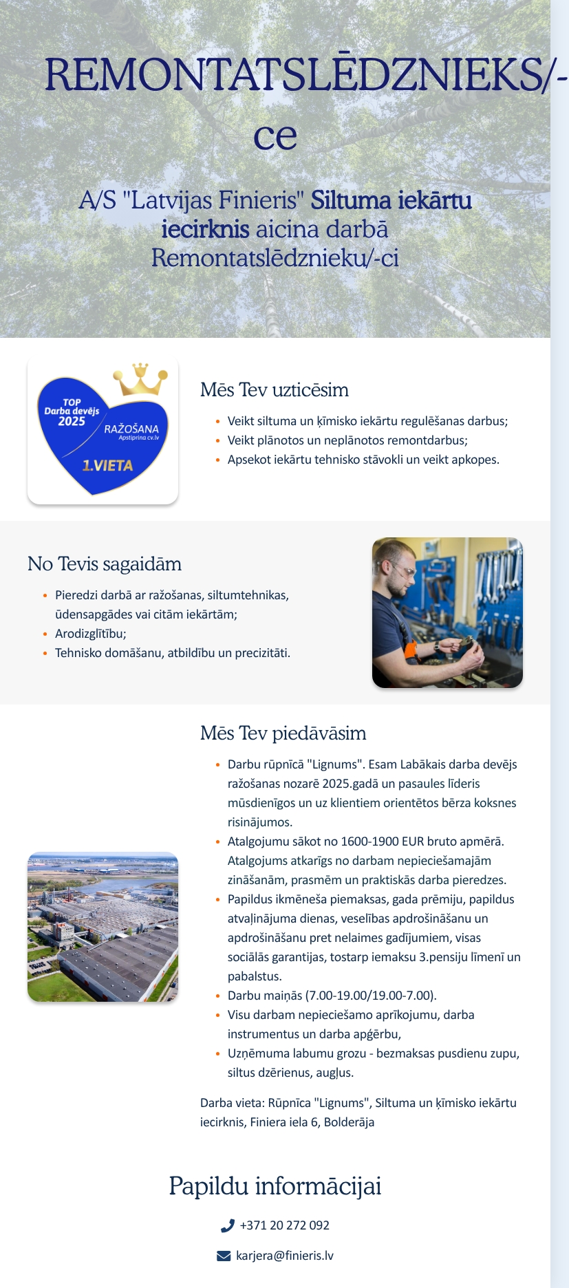 AS "Latvijas Finieris" Remontatslēdznieks/-ce