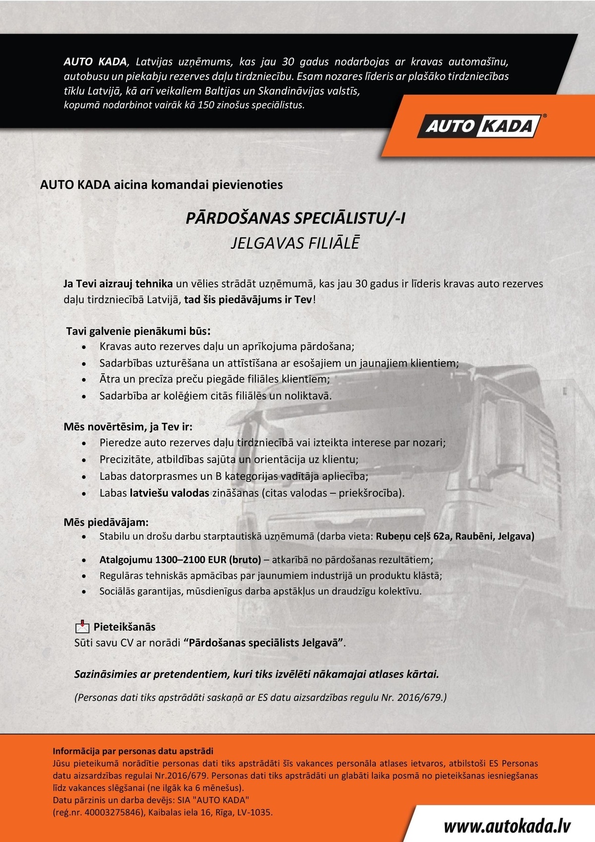 AUTO KADA, SIA Pārdošanas speciālists/-e Jelgavas filiālē