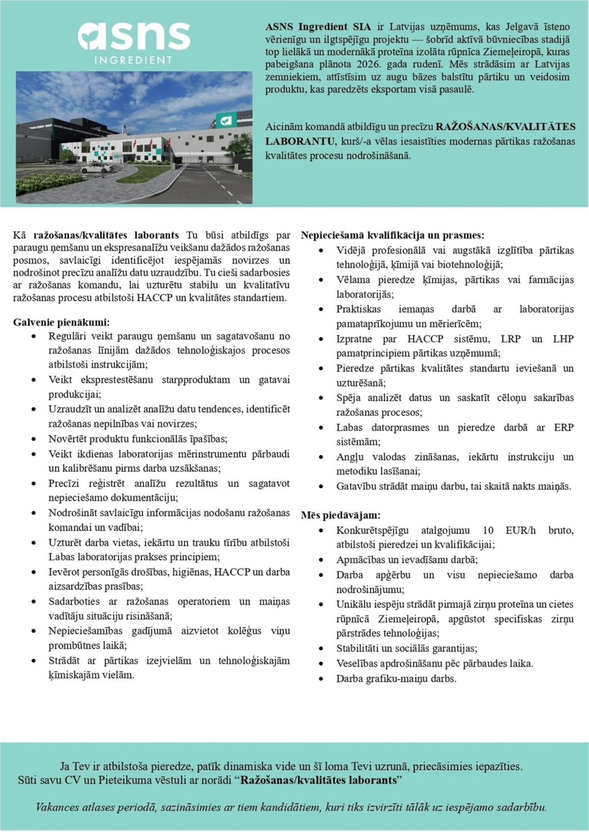 ASNS Ingredient, SIA Ražošanas/kvalitātes laborants/-e