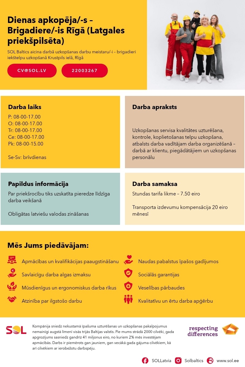SOL BALTICS OU Latvijas filiāle Dienas apkopēja/-s - Brigadiere/-is Rīgā (Latgales priekšpilsēta)